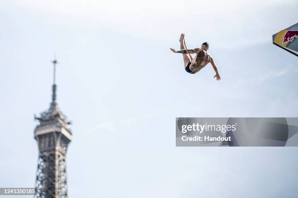 In this handout image provided by Red Bull, Alberto Devora of Spain dives from the 27.5 metre platform during the training day of the second stop of...