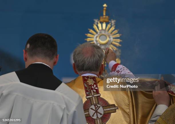 Archbishop of Krakow, Marek Jedraszewski, seen during the Corpus Christi celebrations in Krakow's Market Square. The Feast of Corpus Christi, also...