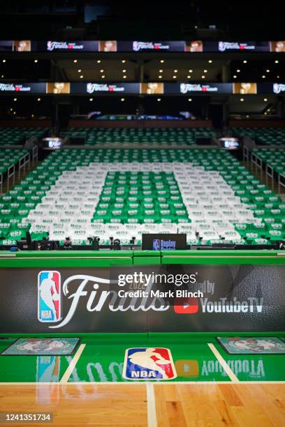Detailed photo of finals signage before Game Six of the 2022 NBA Finals between the Golden State Warriors and the Boston Celtics on June 16, 2022 at...