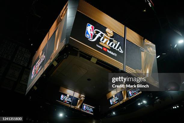 Detailed finals signage before Game Six of the 2022 NBA Finals between the Golden State Warriors and the Boston Celtics on June 16, 2022 at TD Garden...