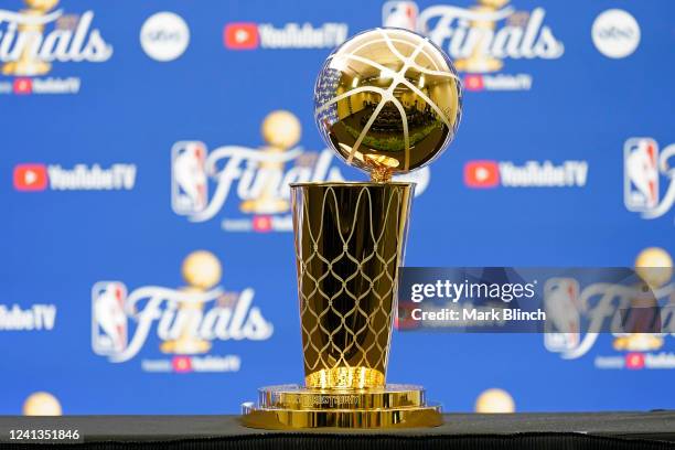 Detailed photo of the Larry OBrien Trophy before Game Six of the 2022 NBA Finals between the Golden State Warriors and the Boston Celtics on June 16,...