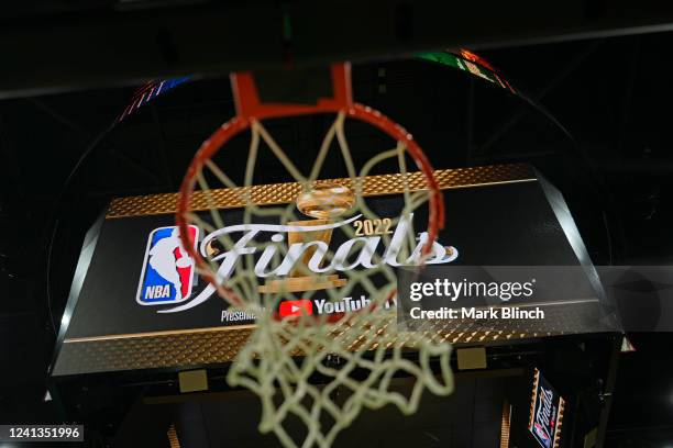 Detailed finals signage before Game Six of the 2022 NBA Finals between the Golden State Warriors and the Boston Celtics on June 16, 2022 at TD Garden...