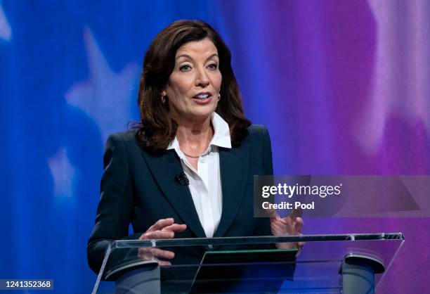 New York Gov. Kathy Hochul debates in the race for governor at the studios of WNBC4-TV June 16, 2022 in New York City. Early voting starts June 18...