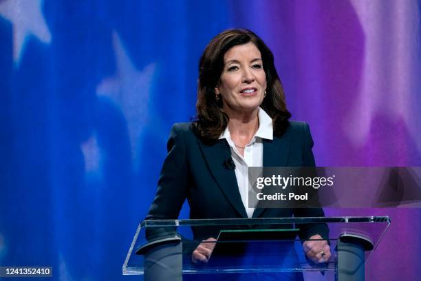 New York Gov. Kathy Hochul debates in the race for governor at the studios of WNBC4-TV June 16, 2022 in New York City. Early voting starts June 18...