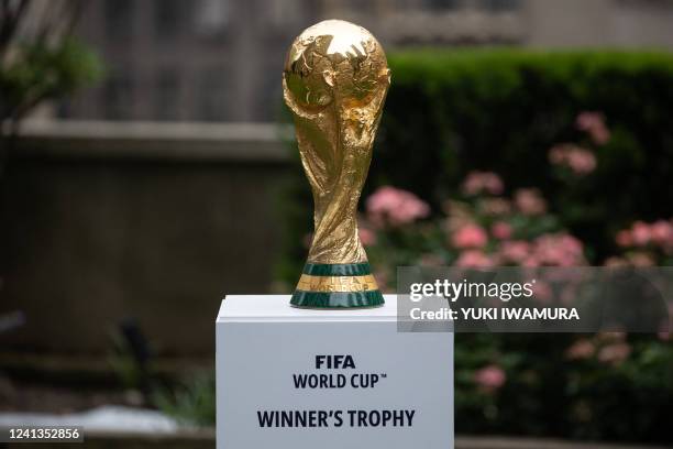 The FIFA World Cup trophy is displayed during an event in New York after an announcement related to the staging of the FIFA World Cup 2026, on June...