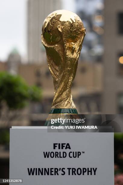 The FIFA World Cup trophy is displayed during an event in New York after an announcement related to the staging of the FIFA World Cup 2026, on June...