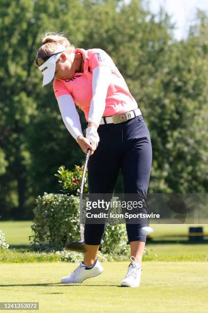 Golfer Brooke Henderson hits her tee shot on the 14th hole on June 16, 2022 during the Meijer LPGA Classic For Simply Give at the Blythefield Country...