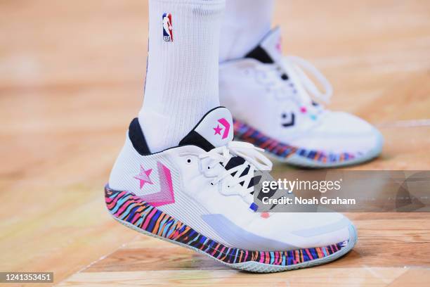 The sneakers worn by Draymond Green of the Golden State Warriors before Game Six of the 2022 NBA Finals on June 16, 2022 at TD Garden in Boston,...