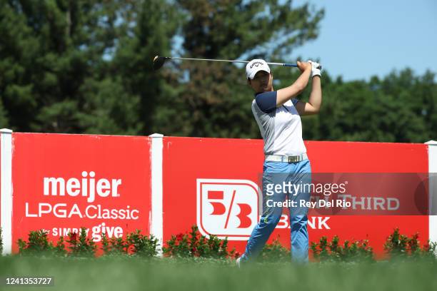 Haru Nomura of Japan plays her tee shot on the second hole during round one of the Meijer LPGA Classic at Blythefield Country Club on June 16, 2022...