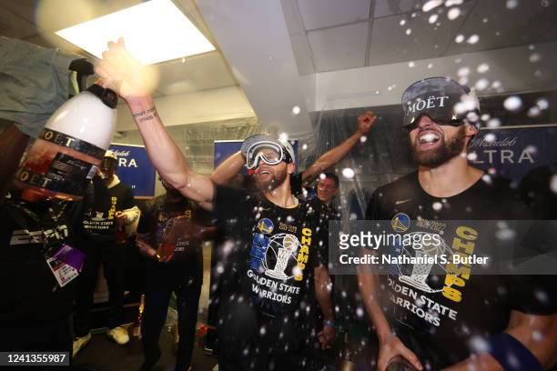 Stephen Curry and Klay Thompson of the Golden State Warriors celebrate after Game Six of the 2022 NBA Finals on June 16, 2022 at TD Garden in Boston,...