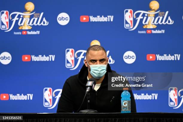 Ime Udoka talks to the media after the game against the Golden State Warriors during Game Six of the 2022 NBA Finals on June 16, 2022 at the TD...