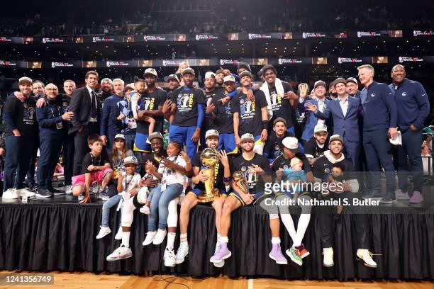 The Golden State Warriors pose for a photo after Game Six of the 2022 NBA Finals on June 16, 2022 at TD Garden in Boston, Massachusetts. NOTE TO...