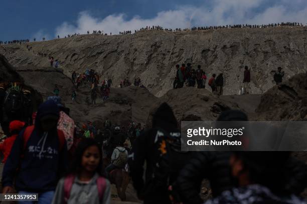 Tenggerese gather during the Yadnya Kasada Festival at the crater of Mount Bromo on June 16, 2022 in Probolinggo, East Java Province, Indonesia....