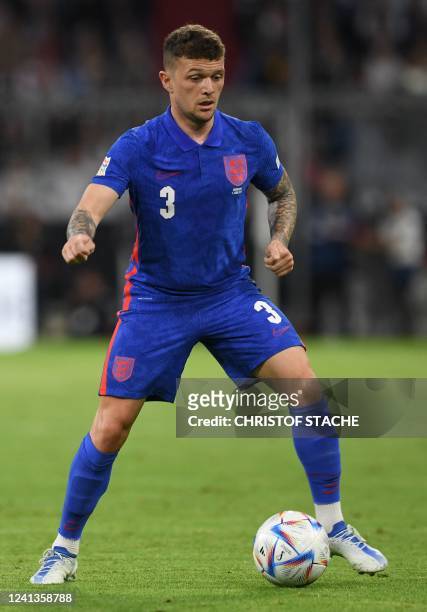 England's defender Kieran Trippier plays the ball during the UEFA Nations League football match Germany v England in Munich, southern Germany on June...