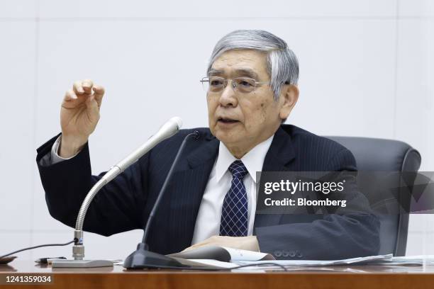 Haruhiko Kuroda, governor of the Bank of Japan , gestures while speaking during a news conference at the central bank's headquarters in Tokyo, Japan,...