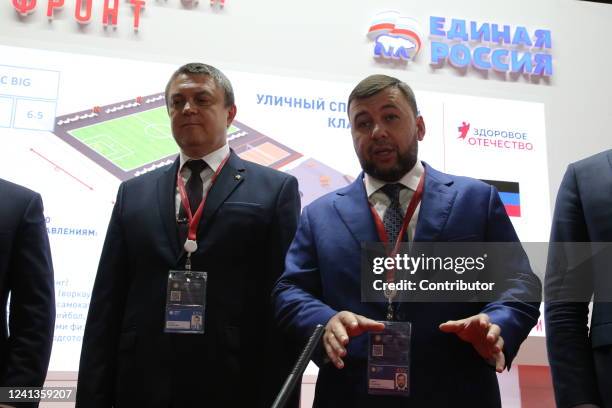 Presidents of self- proclaimed Donetsk People's Republic Denis Pushilin and Lugansk People's Republic Leonid Pasechnik seen during the Saint...