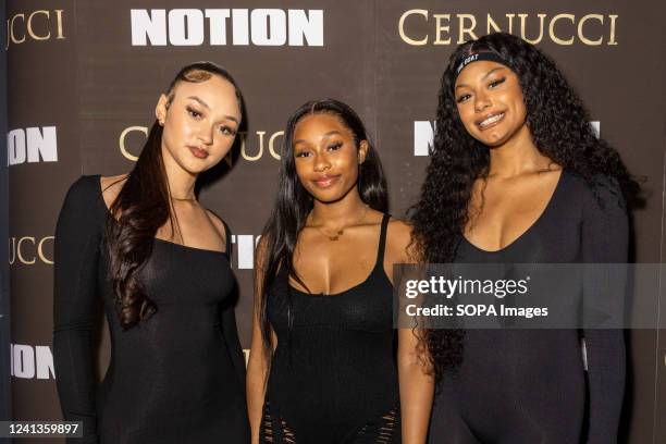 Stella Quaresma, Renée Downer, and Jorja Douglas of the new London girl band FLO attend and perform at the Notion 91 Issue Launch Party at Amazing...