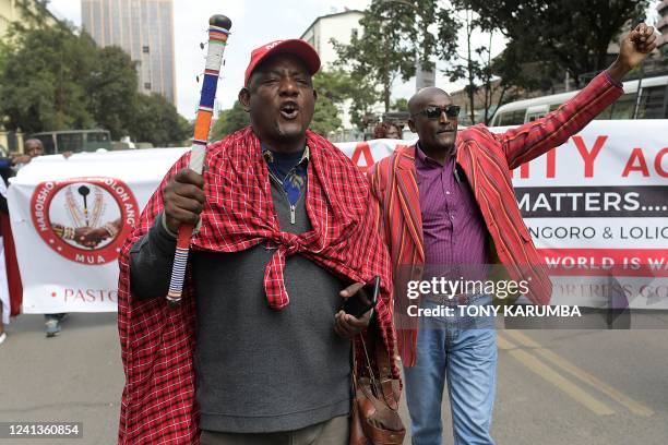 Members of the Maa unity agenda, take part in a protest in Nairobi, condemning the forceful eviction of the Loliondo Ngorongoro Maa community by the...