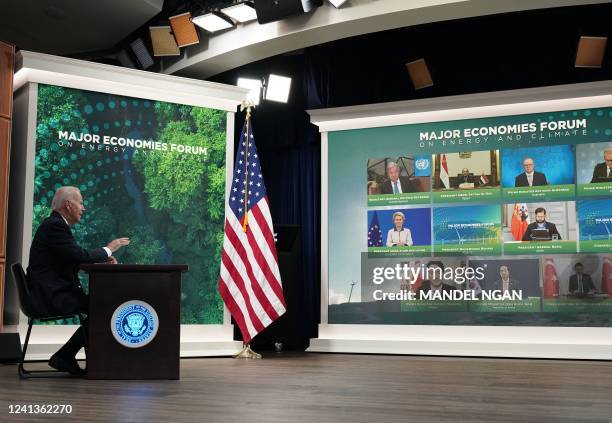 President Joe Biden addresses the Major Economies Forum on Energy and Climate from the South Court Auditorium of the Eisenhower Executive Office...