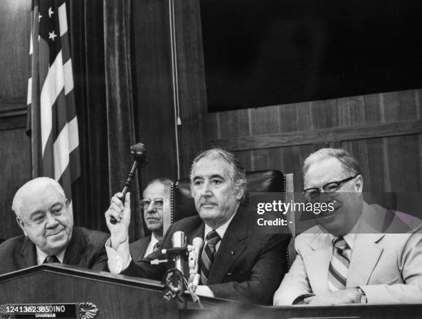 Chairman of the House Judiciary Committee Peter Rodino opens impeachment proceedings on July 24, 1974 in Washington DC, as Republican Members of the...