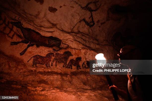 An employee shows paintings inside the life size Lascaux cave replica during a special immersive torch light visit on June 16, 2022 in Montignac.