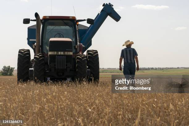 Farmer looks over a harvested field of winter wheat in Corn, Oklahoma, US, on Wednesday, June 15, 2022. Grain prices are mixed in Chicago as traders...