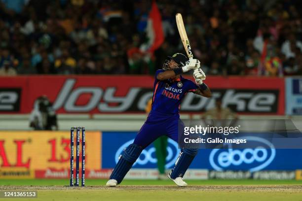 Hardik Pandya of India plays a shot during the 4th T20 International match between India and South Africa at Saurashtra Cricket Association Stadium...