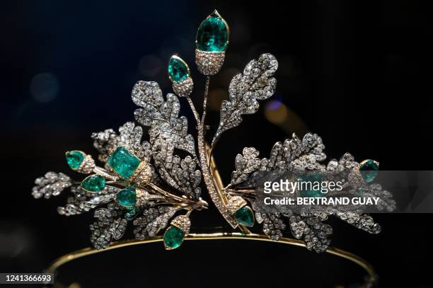 Picture shows a piece of jewellery on display at the exhibition "Vegetal, LEcole de la beaute" , organised by French jewellery house Chaumet and the...