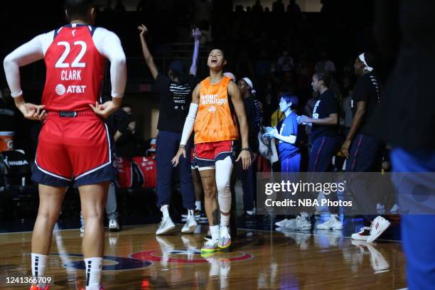 Natasha Cloud of the Washington Mystics walks on to the court before the game against the Phoenix Mercury on June 14, 2022 at Entertainment & Sports...