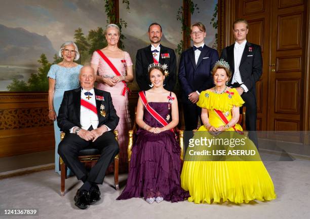 Norway's Princess Ingrid Alexandra poses for a family photo with Norway's King Harald V and Norway's Queen Sonja and Marit Tjessem, Norway's Crown...
