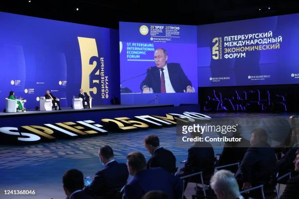 Russian President Vladimir Putin speaks at the plenary session during the Saint Petersburg Economic Forum SPIEF 2022, JUNE 17: in Saint Petersburg,...