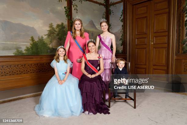 Norway's Princess Ingrid Alexandra poses for a with Princess Estelle of Sweden and Prince Charles of Luxembourg and Catharina-Amalia, Princess of...