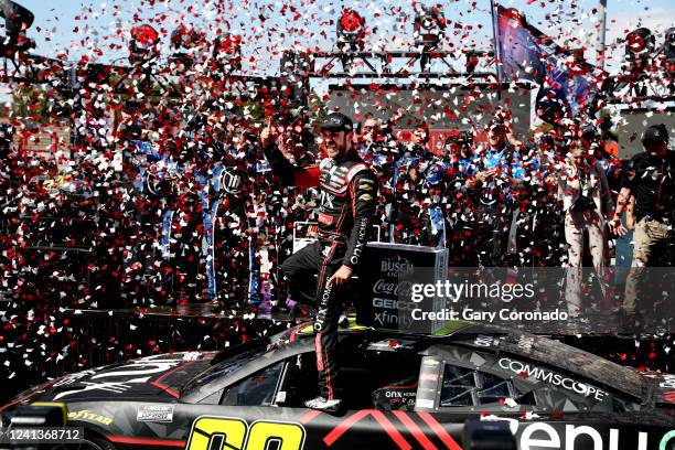 Mexican NASCAR driver Daniel Suárez No. 99 car, celebrates after his first career victory in the Toyota/Save Mart 350 NASCAR Cup Series race at...