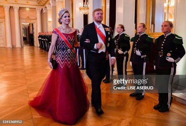 Queen Maxima and King Willem-Alexander of the Netherlands arrive for a gala dinner on the occasion of Norway's Princess Ingrid Alexandra's 18th...