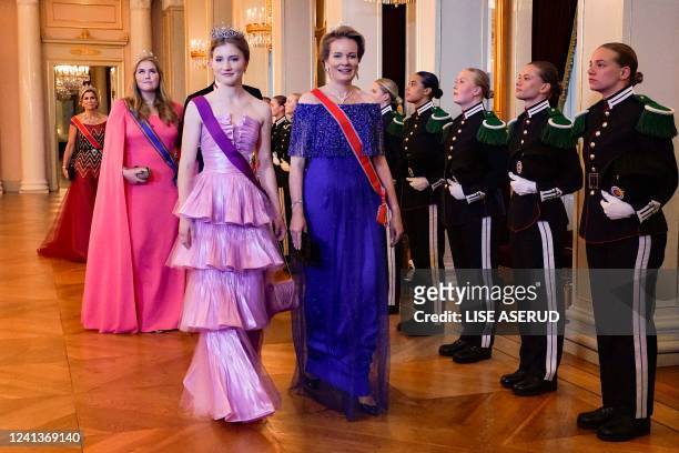 Princess Elisabeth and Queen Mathilde of Belgium arrive for a gala dinner on the occasion of Norway's Princess Ingrid Alexandra's 18th birthday at...