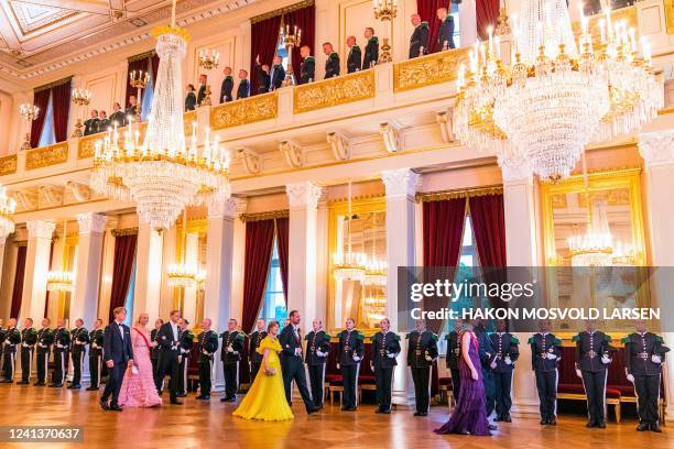 Norway's Princess Ingrid Alexandra together with Norway's King Harald, Queen Sonja with Crown Prince Haakon, and Crown Princess Mette-Marit with...