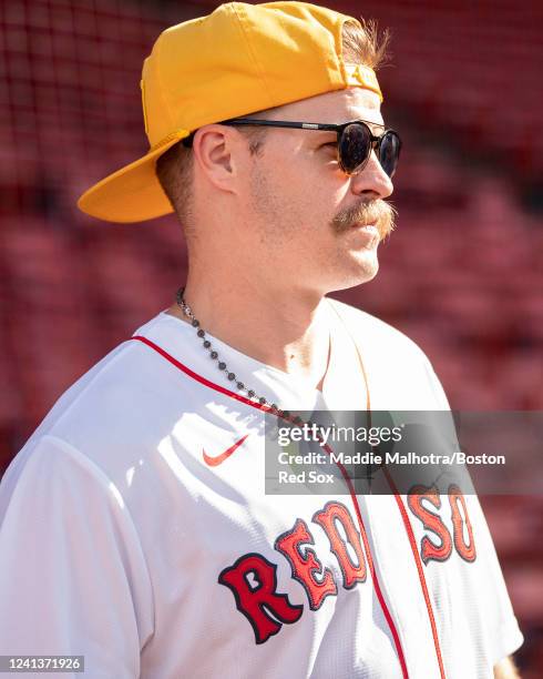 Former Boston Red Sox infielder Brock Holt looks on before a game between the St. Louis Cardinals and the Boston Red Sox on June 17, 2022 at Fenway...