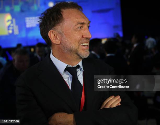 Russian billionaire and businessman Oleg Deripaska smiles at the plenary session during the Saint Petersburg Economic Forum SPIEF 2022, on June 17 in...