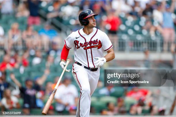 Atlanta Braves first baseman Matt Olson hits a home run in the eighth inning during a regular season game between the Pittsburgh Pirates and Atlanta...
