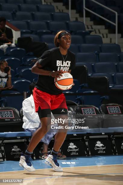 Rhyne Howard of the Atlanta Dream warms up prior to the game against the Chicago Sky on June 17, 2022 at the Wintrust Arena in Chicago, Illinois....