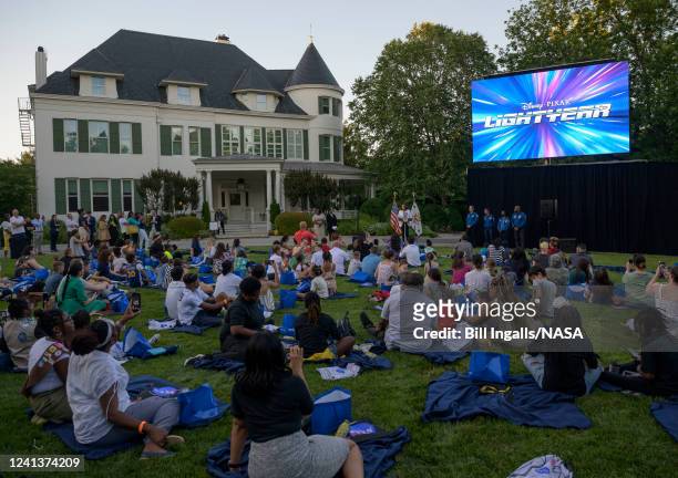 In this handout image provided by NASA, Vice President Kamala Harris gives remarks prior to the screening of the movie Lightyear on the grounds of...