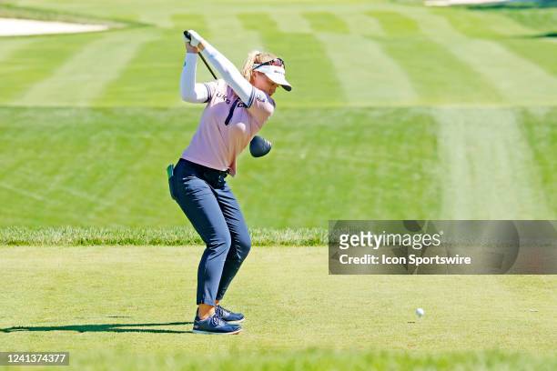 Golfer Brooke Henderson hits her tee shot on the 3rd hole on June 17, 2022 during the Meijer LPGA Classic For Simply Give at the Blythefield Country...