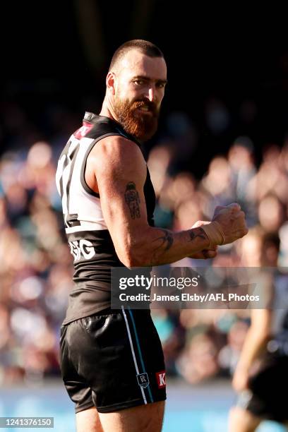 Charlie Dixon of the Power celebrates a goal during the 2022 AFL Round 14 match between the Port Adelaide Power and the Sydney Swans at the Adelaide...