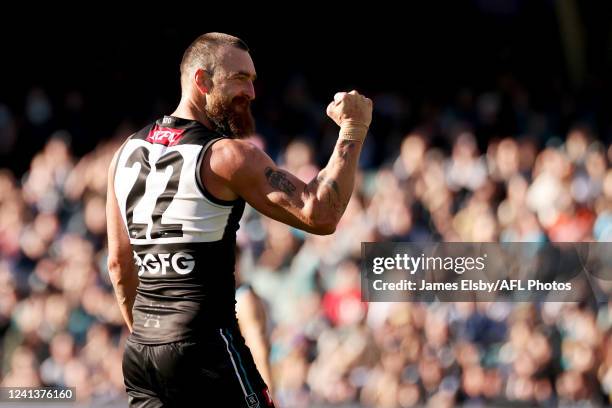 Charlie Dixon of the Power celebrates a goal during the 2022 AFL Round 14 match between the Port Adelaide Power and the Sydney Swans at the Adelaide...