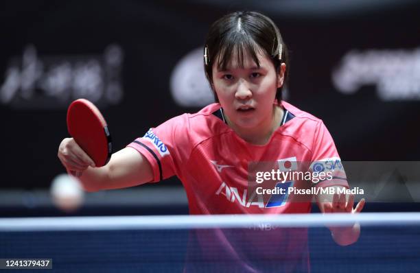 Miu Hirano of Japan compete during women's singles quarterfinals WTT Contender Zagreb 2022 match against Chen Yi of China at Dom Sportova Hall on...