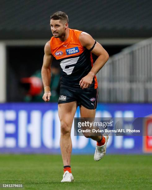 Jesse Hogan of the Giants is seen limping during the 2022 AFL Round 14 match between the GWS Giants and the Western Bulldogs at GIANTS Stadium on...