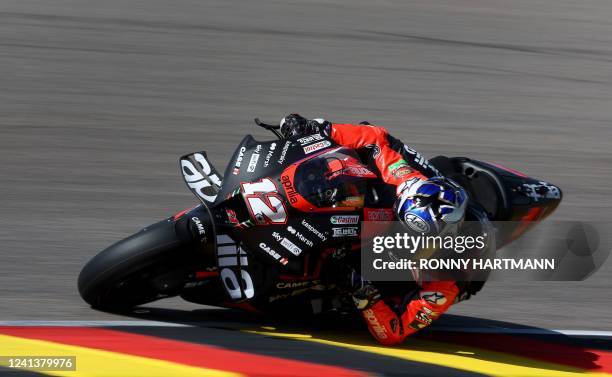 Aprilia Spanish rider Maverick Vinales steers his motorbike during the third free practice for the MotoGP German motorcycle Grand Prix at the...