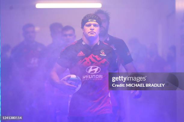 Scott Barrett of the Crusaders walks out to the field during the Super Rugby Pacific final between the Blues and the Crusaders at Eden Park in...