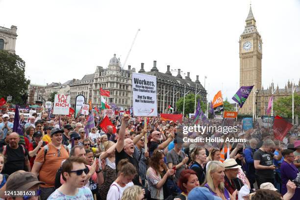 Demonstrators hold placards during the British Trades Union Congress 'We Demand Better' rally on June 18, 2022 in London, England. Unions are calling...