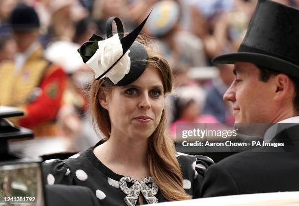 Princess Beatrice and Edoardo Mapelli Mozzi arrive in the royal procession during day five of Royal Ascot at Ascot Racecourse. Picture date: Saturday...